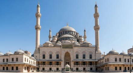 Obraz premium Majestic mosque architecture istanbul historical landmark clear sky wide angle cultural significance