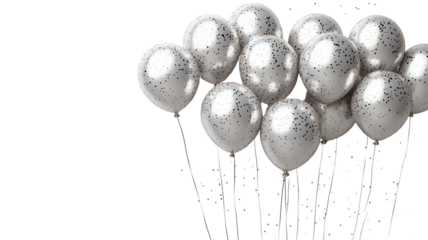 silver balloons floating isolated on transparent background, festive celebration concept 
