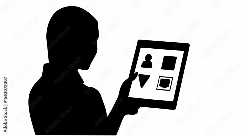 Poster silhouette of a person holding a tablet displaying icons on the screen in a black and white image st