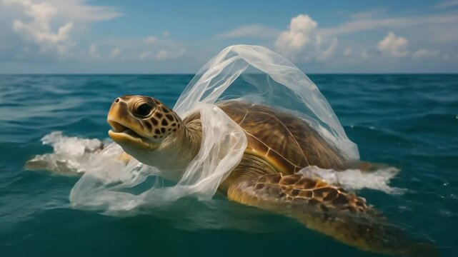A sea turtle entangled in plastic, captured from a low-angle shot. The video highlights environmental issues in a serene ocean setting. Live desktop wallpaper.