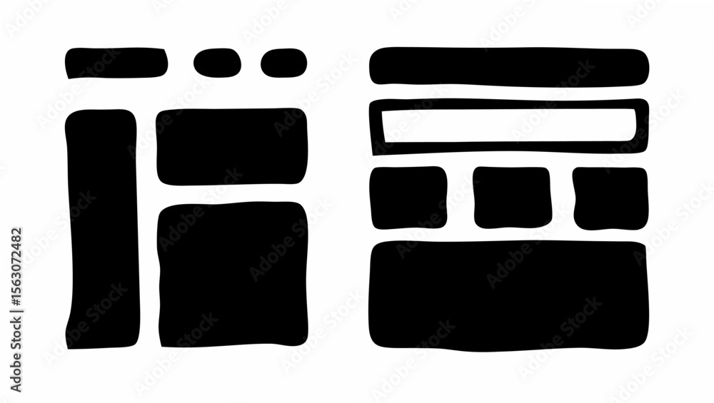 Aufkleber illustration of two distinct layout designs featuring rectangular and square shapes in a black and w
