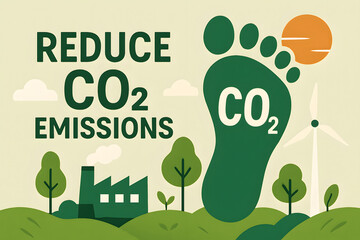 Reduce CO2 Emissions Concept: A graphic illustrating the critical need to reduce carbon emissions, featuring a footprint containing "CO2", a factory emitting pollution.