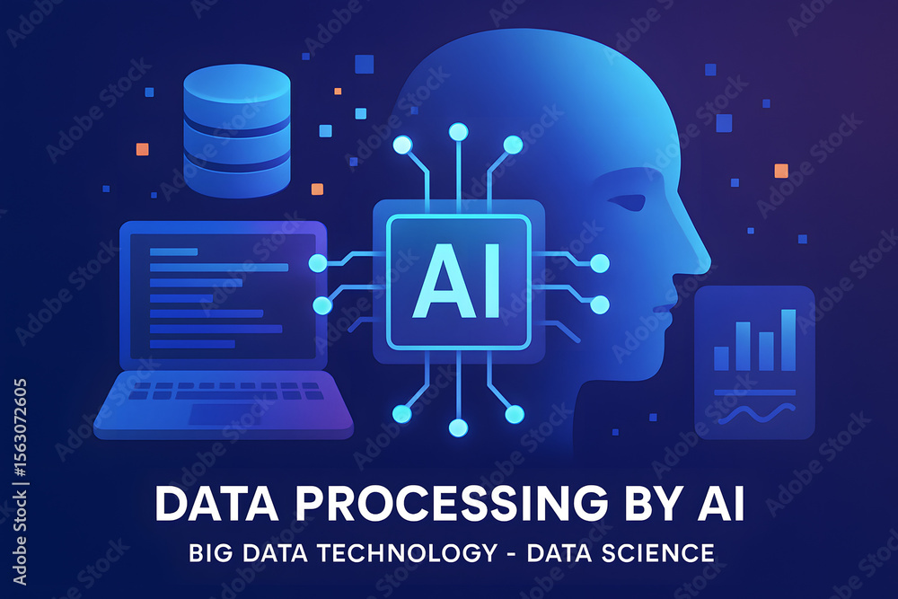 Poster ai data processing concept: an artistic digital rendering showcases data processing by ai, featuring