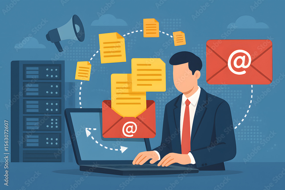 Poster digital communication: a professional individual is surrounded by the symbolic representation of mod