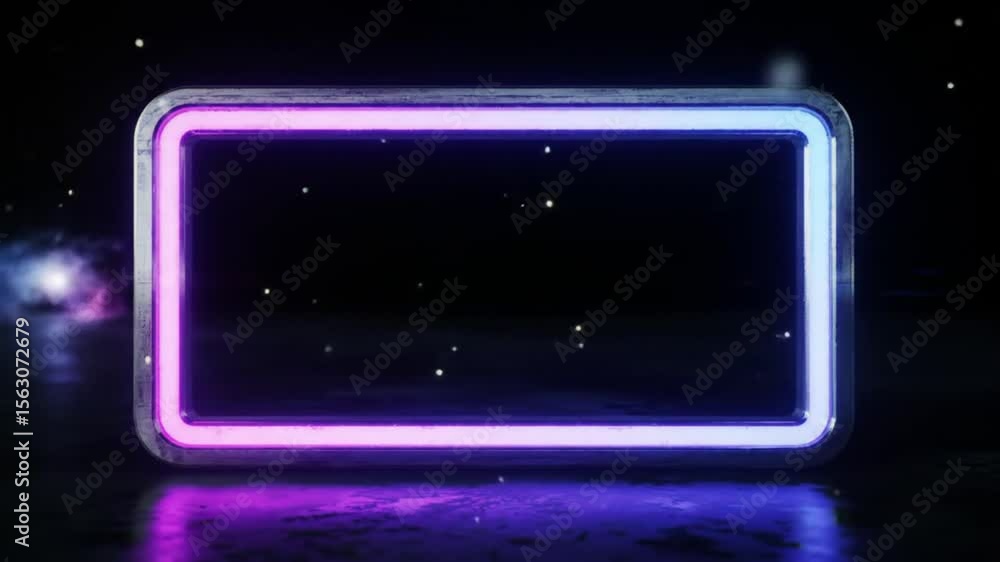 Poster neon rectangle portal with particles and smoke effect on dark reflective surface