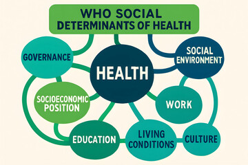 WHO Social Determinants of Health: A comprehensive infographic illustrating the key social determinants of health as defined by the World Health Organization.