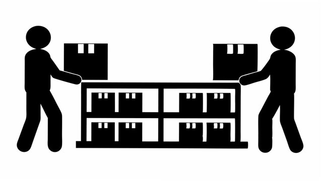 Two stick figures moving a shelf with boxes on it and boxes on the shelf in a black and white image