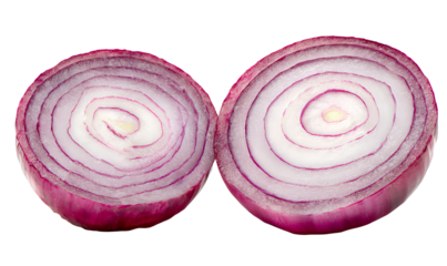 Two halves of red onion showing concentric circles white background