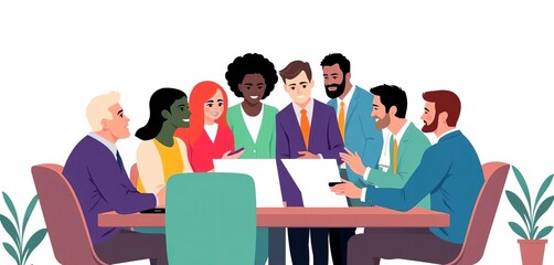 Flat vector illustration of diverse team roles collaborating on a shared project within a business context,  together,  team