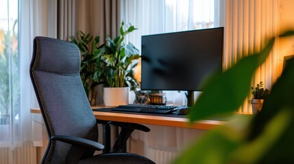Modern home office setup with a sleek chair, computer monitor, and vibrant indoor plants