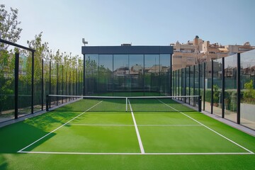Fototapeta premium Padel tennis court with green turf, glass walls, and a net, outdoors. Great for sport related articles, activity promotion, or sports center ads.