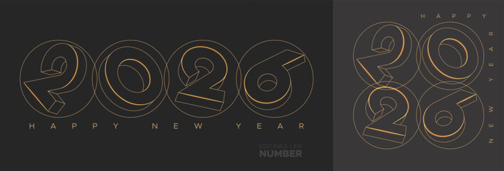 Happy New Year 2026 Gold Line Art. Editable Line Number Concept