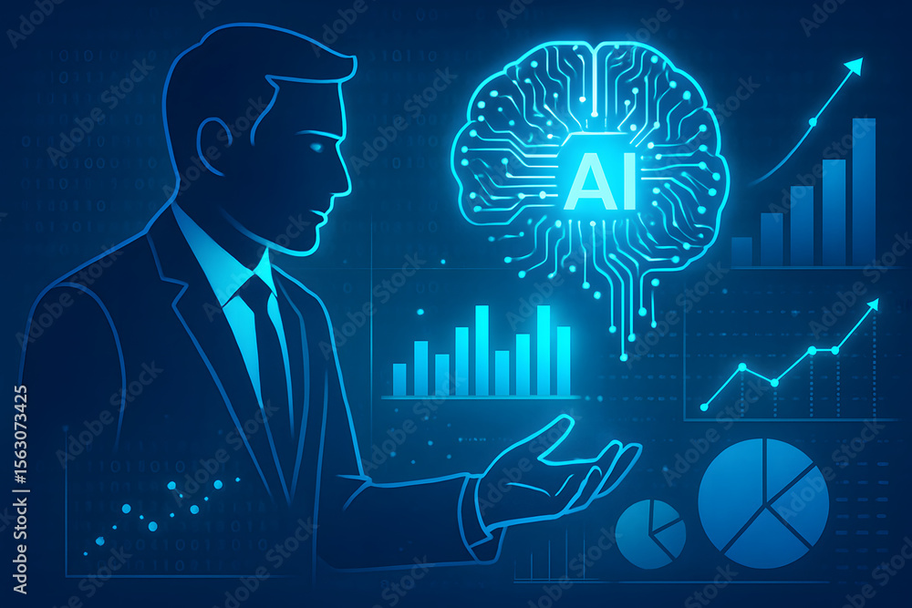 Poster artificial intelligence: conceptual imagery depicting a man in a suit with an artificial intelligenc