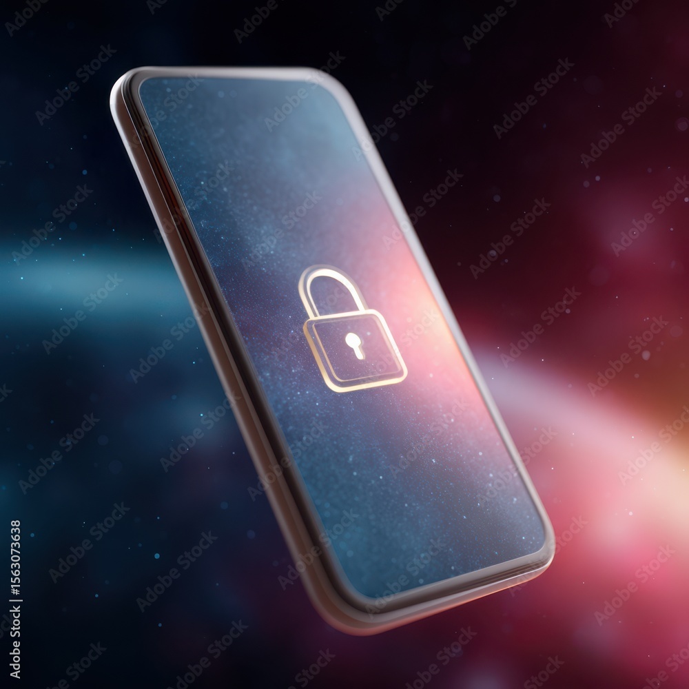 Poster zero trust concepts. a smartphone floating in space with a glowing lock icon on its screen, symboliz