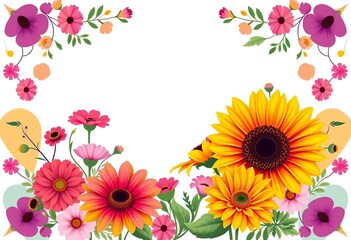 Vibrant sunflower, cosmos, dahlia wedding invite template; floral border, colorful shapes,   shape design,  floral design