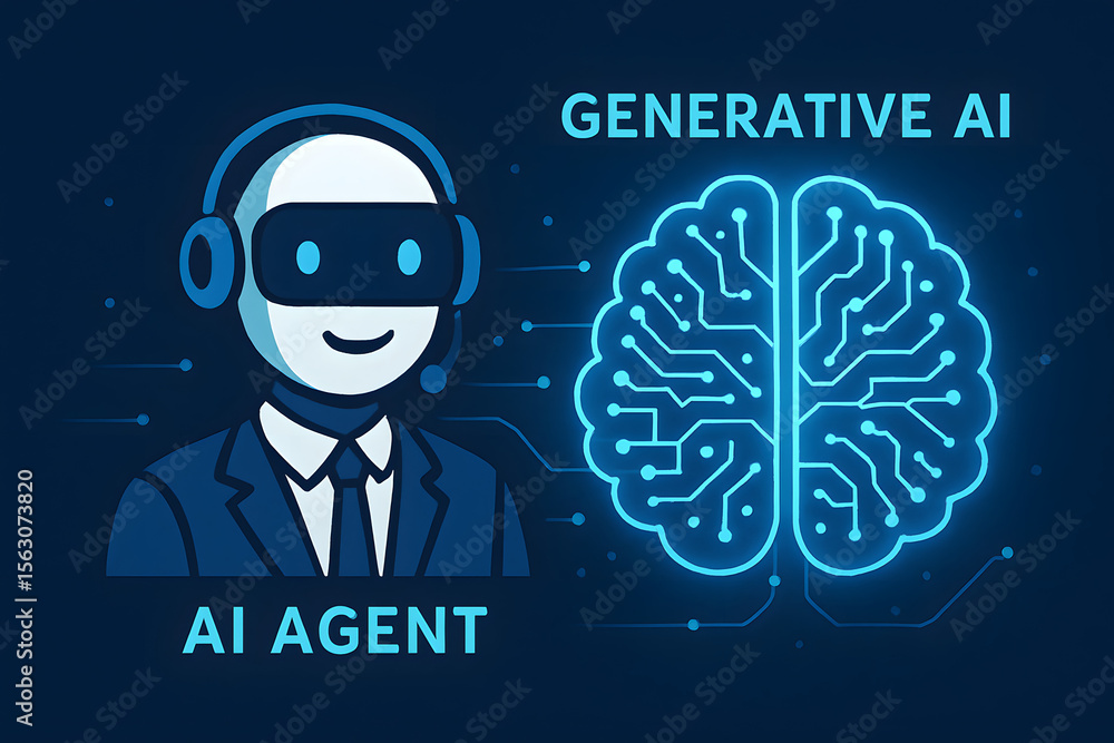 Aufkleber ai agent: a striking digital illustration showcases an ai agent alongside a generative ai brain, sig