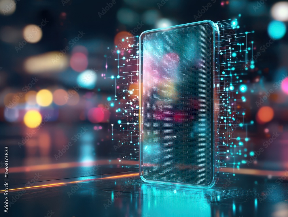 Poster a futuristic smartphone surrounded by glowing digital circuits and data points, symbolizing advanced