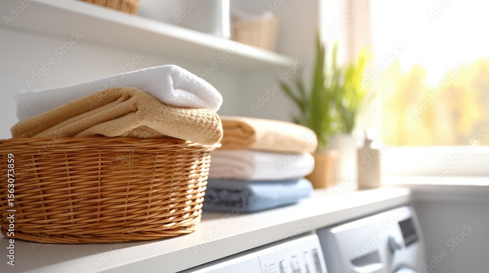 Poster neatly arranged towels in a basket on a laundry shelf with sunlight filtering through a window