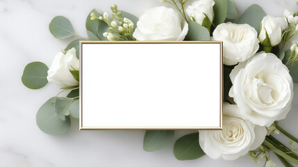 Elegant floral arrangement featuring white roses and greenery, with a blank frame for text overlay, perfect for invitations or announcements in a sophisticated setting