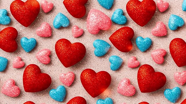 Seamless AI-Generated Video Pattern of Glittering Red and Pink Hearts with Textured Blue Shapes, Romantic Shimmering Animation Ideal for Valentine&rsquo;s Day, Weddings and Love-Themed Celebrations