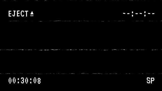VCR Eject button with Distorted and Timecode on Black background. 4K Video
