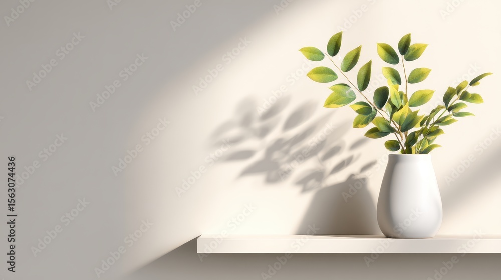 Poster minimalist vase with green leaves on a shelf casting soft shadows in a serene interior setting