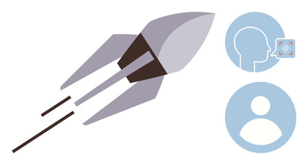 Rocket launching forward, user profile icon, speech recognition icon in circular frames. Ideal for innovation, technology, progress, artificial intelligence, user interface, communication