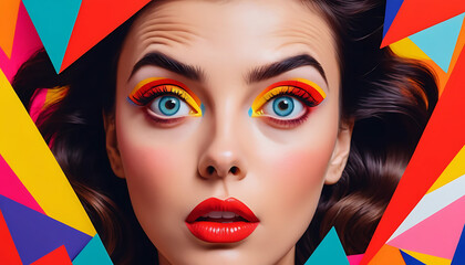 Vibrant Pop Art Makeup Portrait with Geometric Shapes