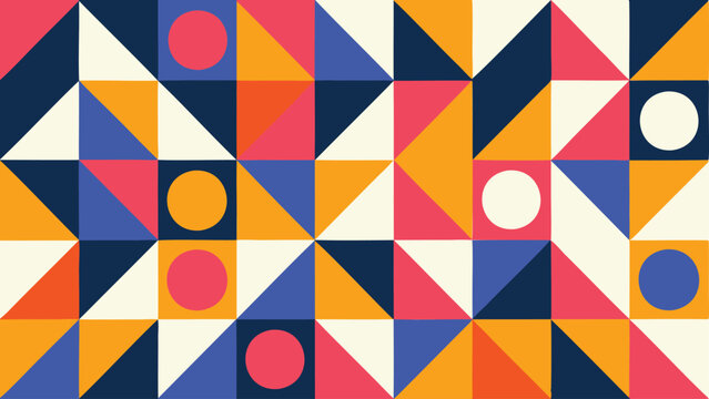 Geometric pattern featuring triangles squares and circles in a colorful arrangement design work art