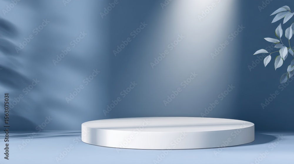 Aufkleber minimalist display platform under soft lighting with blue walls and leafy shadows in background