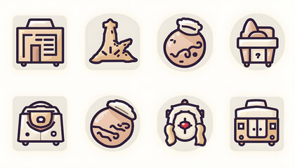 Set of cute illustrated food icons. Represents healthy eating, snacks, or simple culinary themes. Playful and charming.

