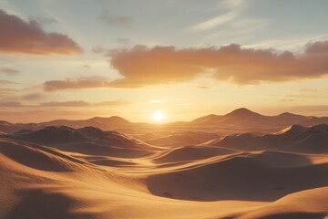 Obraz premium Desert landscape, golden sunset, mountains, vast dunes