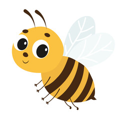 Cute Smiling Cartoon Bee. Bee Isolated on White Background. Hand Drawn Vector Art.