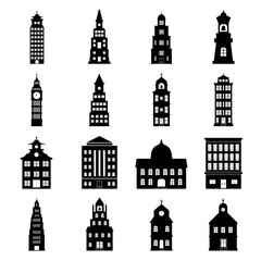 Set of city buildings. Building vector black and white