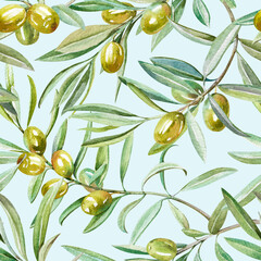 olive freshly picked branches with Green leaves and ripe fruit hand drawn watercolor illustration isolated on light blue. Natural botanical seamless pattern for food, harvest design, fabric, wallpaper