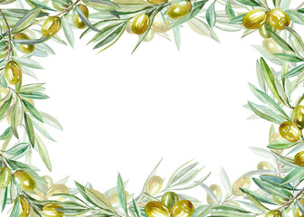 Naklejka premium olive branch with leaves and ripe fruits hand drawn watercolor illustration isolated on white. Botanical rectangular frame of Green fresh twig for harvest, food, natural, eco design, cards, invitation