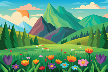 Fototapeta premium flower field with green mountain spring landscape