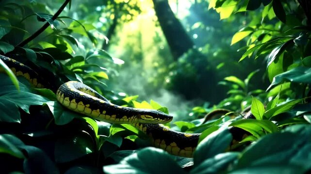 A vibrant green snake coiled on a branch in a lush jungle setting.