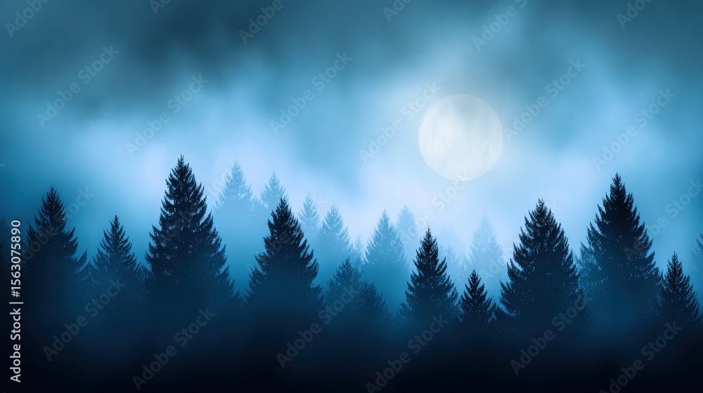 Poster mysterious moonlit forest with fog enveloping tall pine trees under a glowing full moon