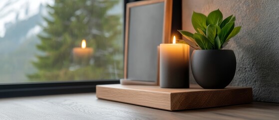 Cozy Indoor Space with Candle, Plant, and Frame by Window Overlooking Nature Scene