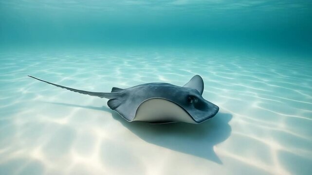 A stingray gliding gracefully over the sandy ocean floor in clear turquoise waters.