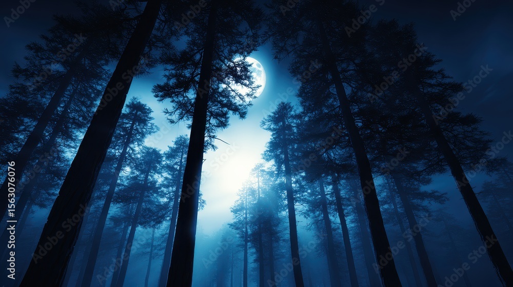 Aufkleber mysterious moonlit forest scene with tall trees and mist creating an eerie atmosphere