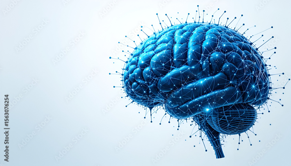 Poster conceptual illustration showing a blue human brain representing artificial intelligence, neural netw