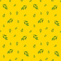 Seamless pattern of olive leaves on a gold background. Perfect for wallpaper, gift wrap, pattern fill, web page background, summer greeting cards