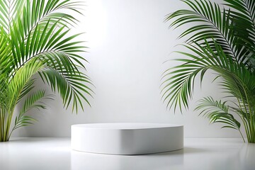 Fototapeta premium White pedestal with a palm tree on each side