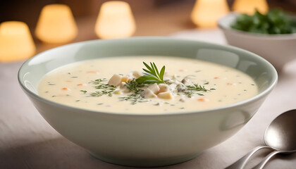 Creamy Chicken and Vegetable Soup in a Rustic Bowl