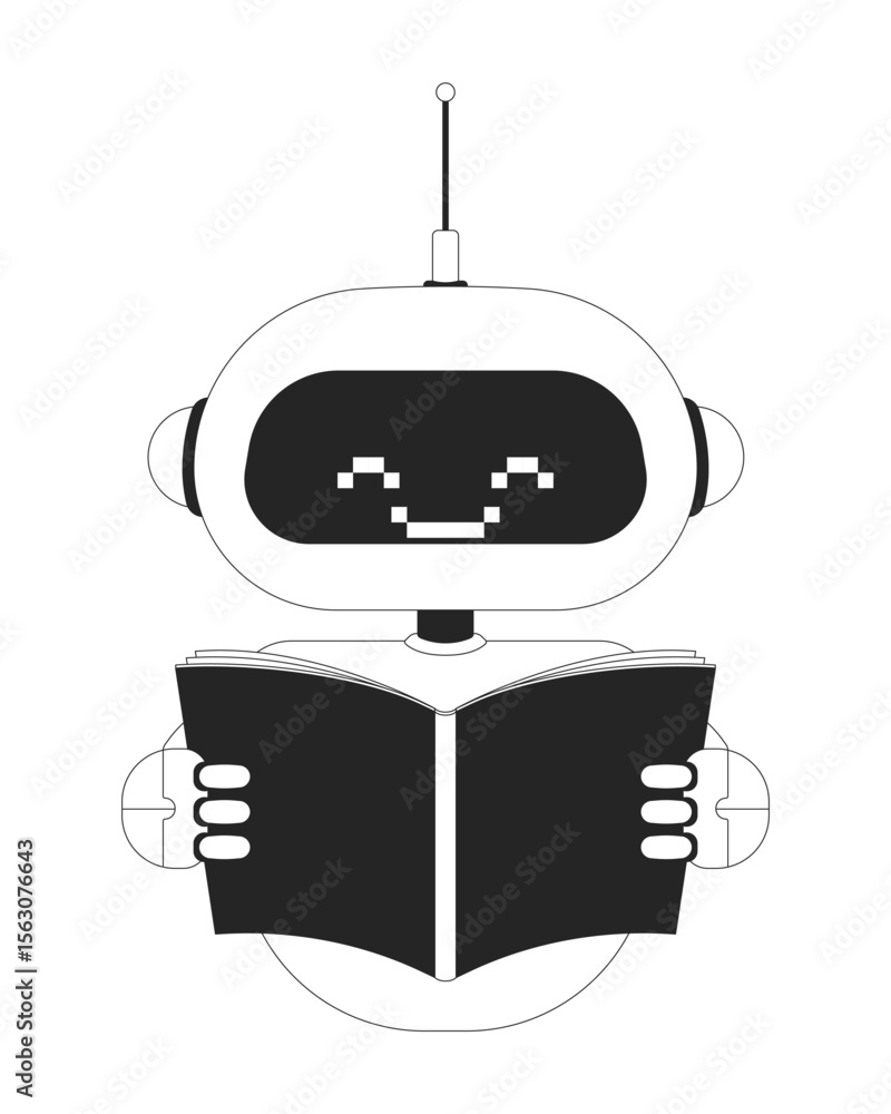 Poster smiling robot holding open book 2d line character. artificial intelligence, education. pixelated rob