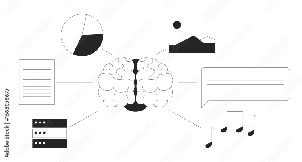 Poster brain with data input sources line illustration concept. ai cognitive neural activity with visual, m