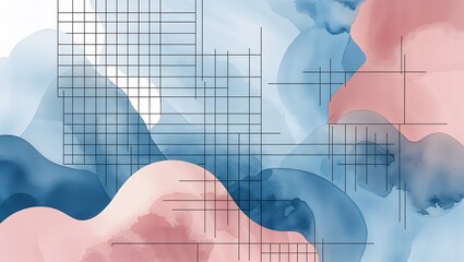Obraz premium Subtle grid overlay on gradient blush and blue vector background. Digital watercolor effect.