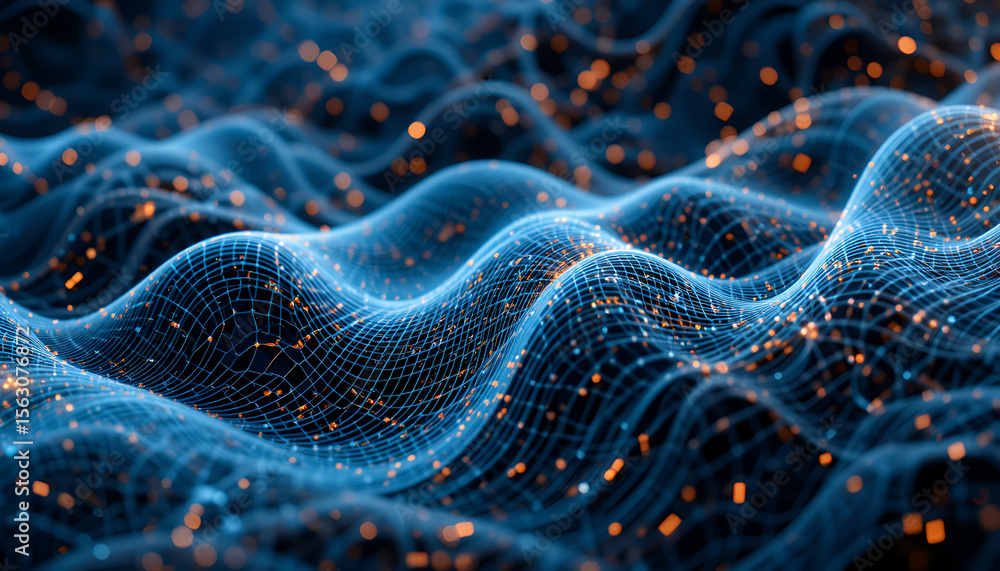 Poster digital wave visualizes complex technology with dynamic blue lines and glowing orange nodes represen